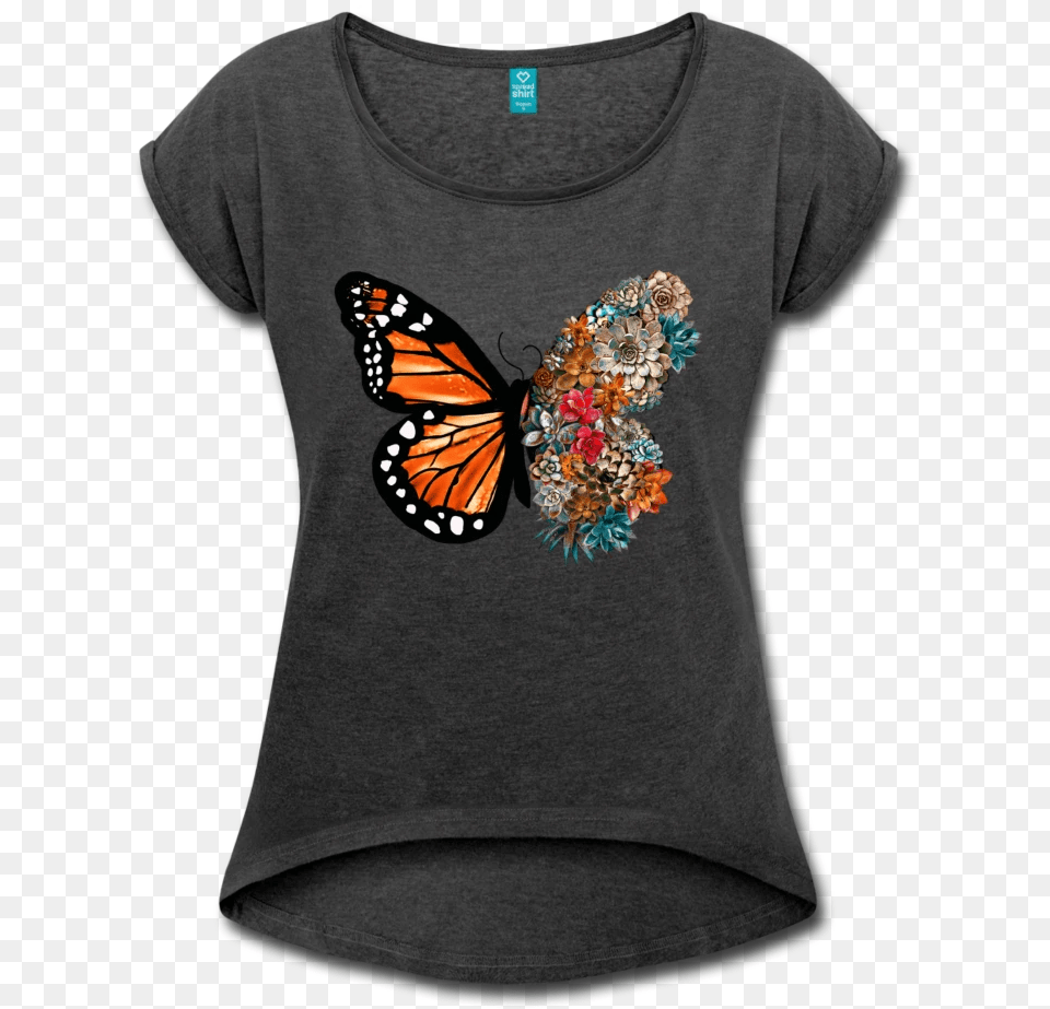 Vintage Monarch Butterfly Watercolor Womenu0027s Roll Cuff T Short Sleeve, Clothing, T-shirt, Animal, Insect Free Png