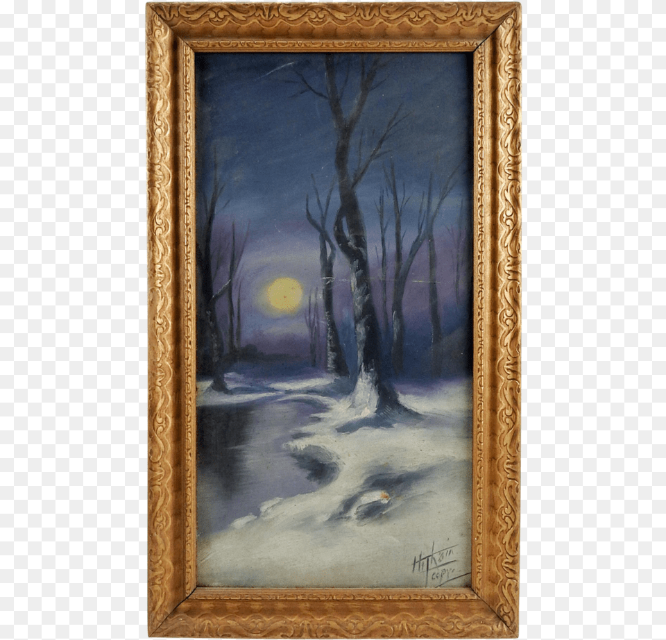 Vintage Moonlight In Winter Oil Painting Winter Moon Oil Painting, Art Png