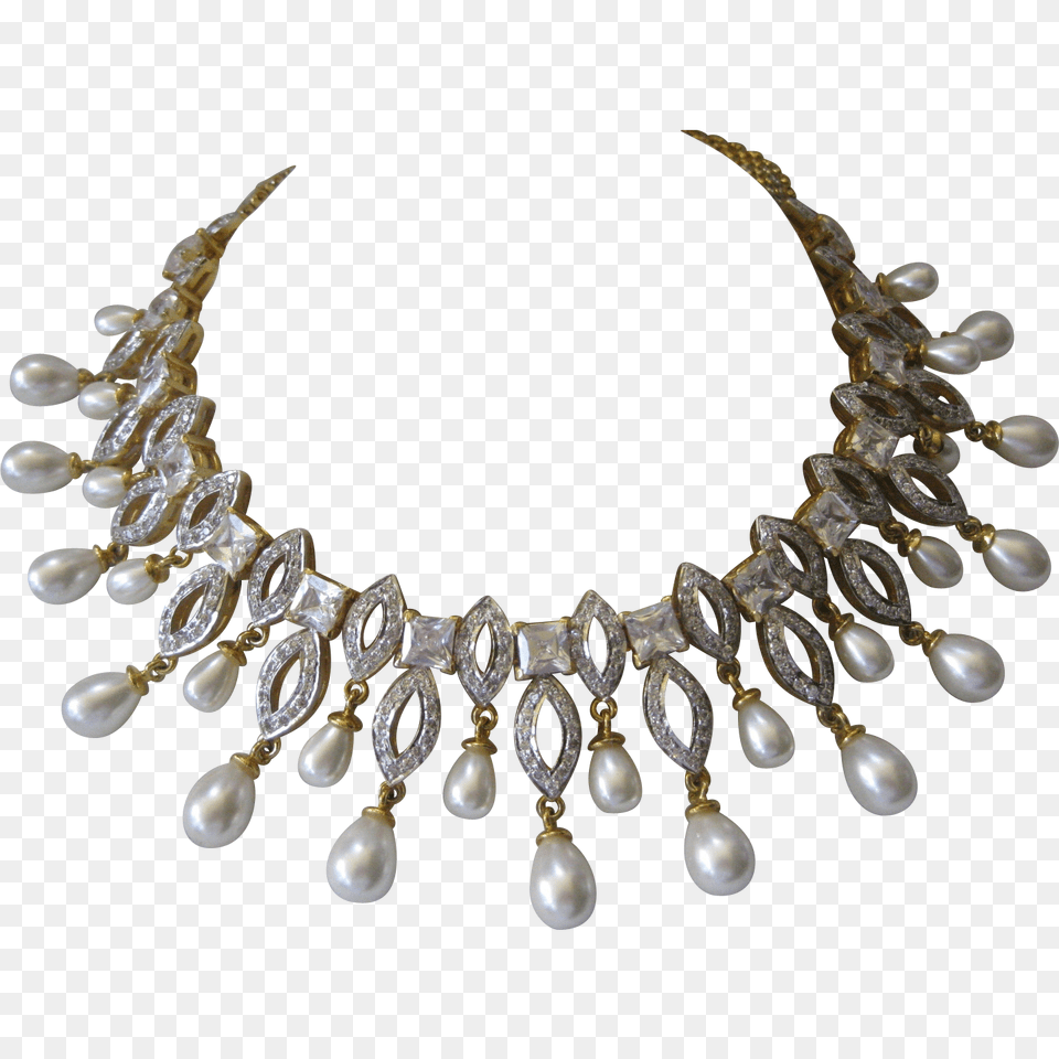 Vintage Openback Glass Stones Dripping Pearls Bib Necklace, Accessories, Jewelry Png Image