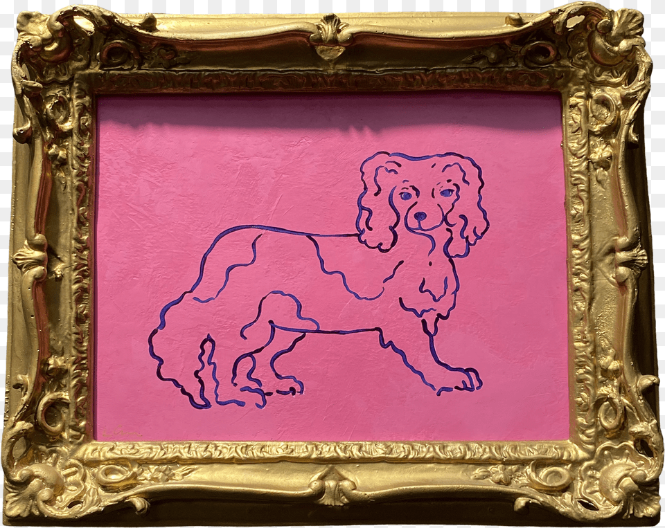 Vintage Original Pink Dog Art In Gold Picture Frame Png