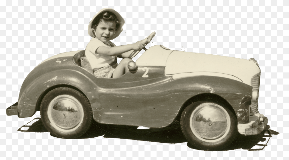 Vintage Photo Of A Kid In Toy Car, Wheel, Vehicle, Transportation, Spoke Free Transparent Png