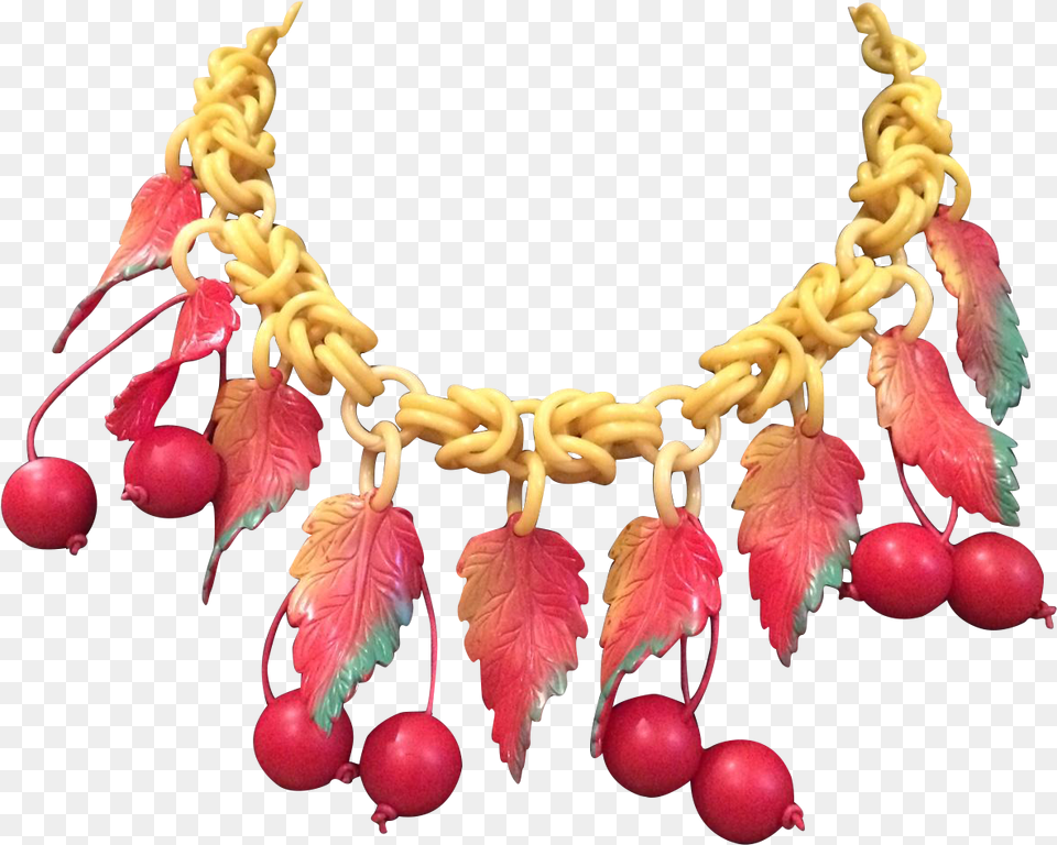 Vintage Red And Yellow Celluloid Cherry And Leaf Necklace, Accessories, Jewelry, Bracelet Png