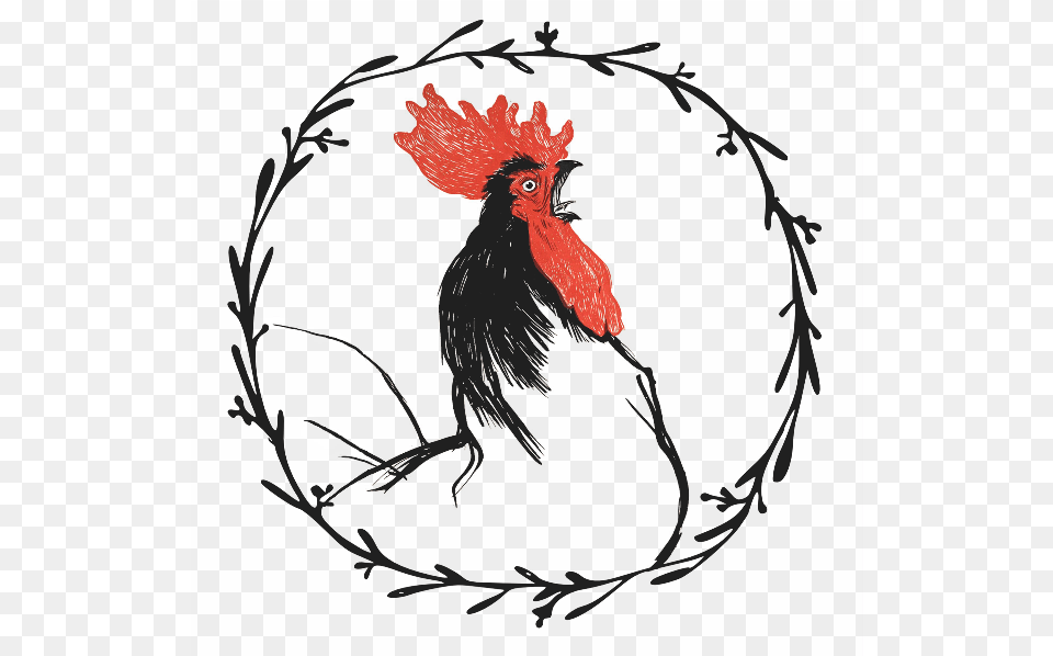 Vintage Rooster Crowing Floral Wreath Black, Animal, Bird, Chicken, Fowl Free Png Download