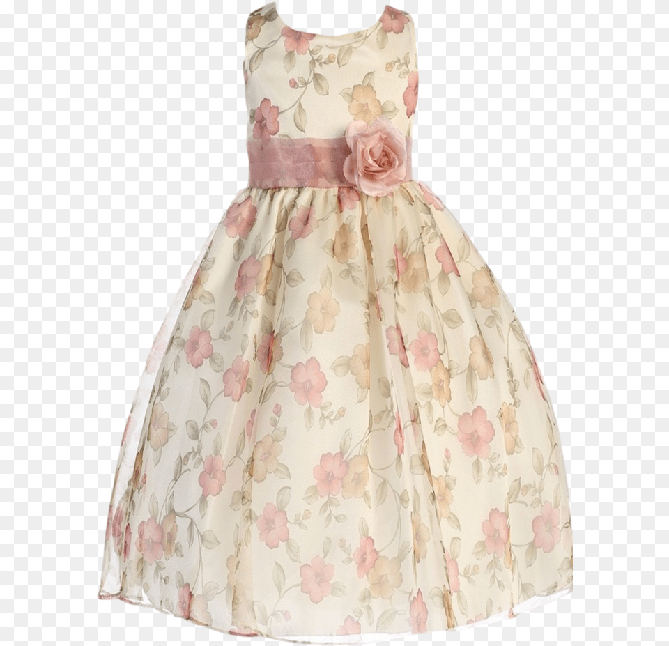 Vintage Rose Pink Floral Print Organza Overlay Girls Dress, Clothing, Formal Wear, Fashion, Gown Png