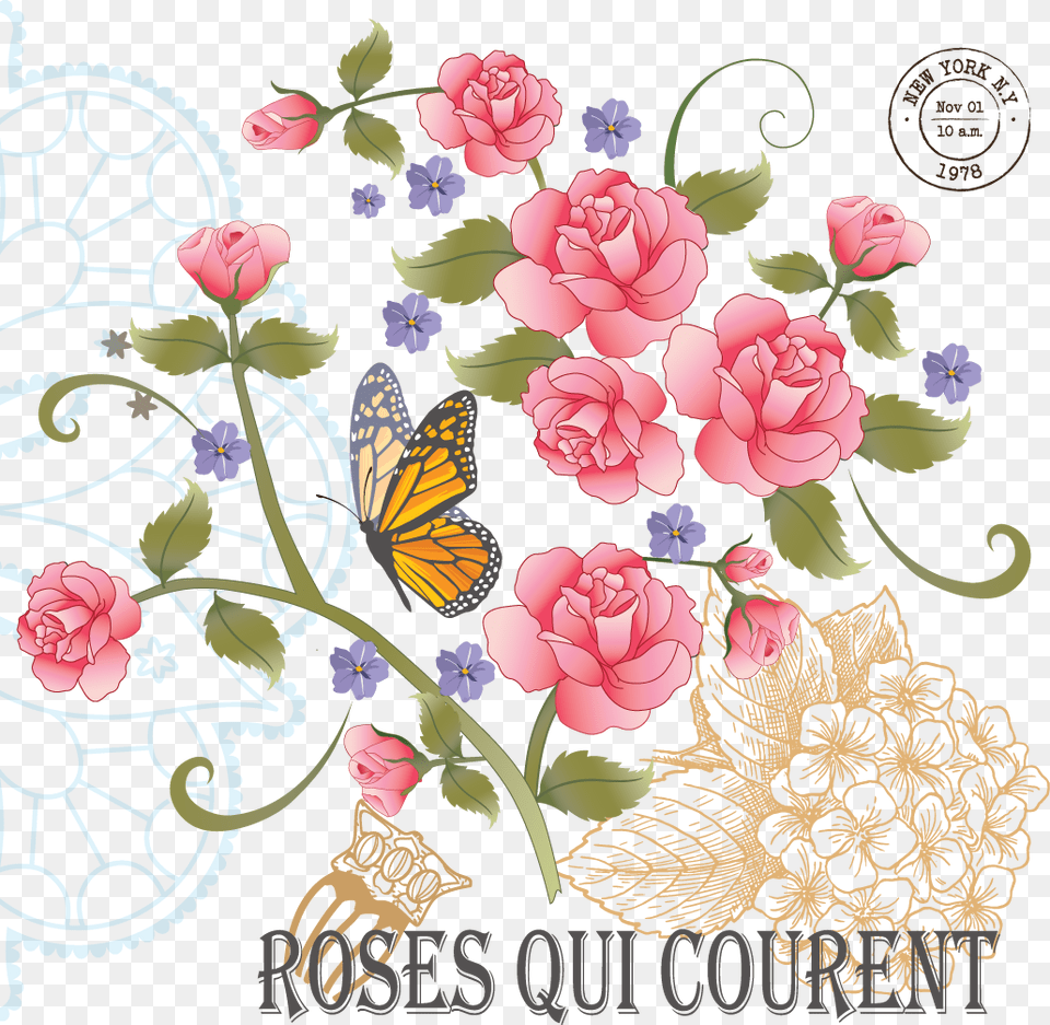 Vintage Roses And Butterflies Is A Downloadable Machine Garden Roses, Art, Floral Design, Graphics, Pattern Free Png Download