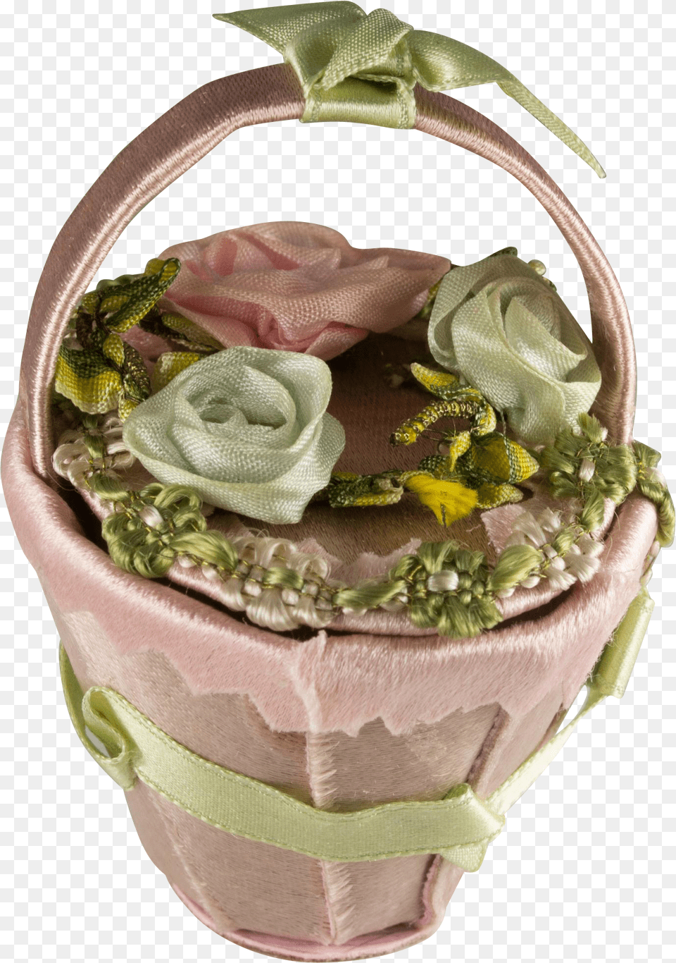 Vintage Silk Ribbon Doll S Flower Basket Or Purse For Garden Roses, Cream, Dessert, Ice Cream, Food Free Png Download