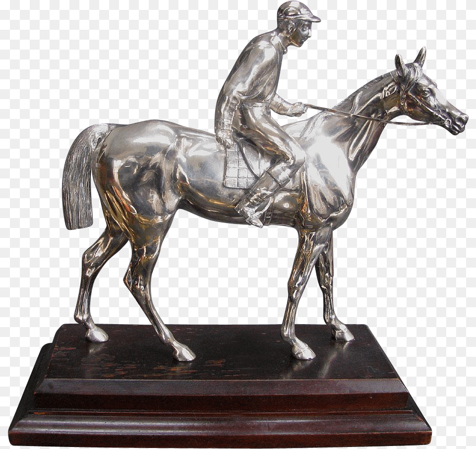 Vintage Silver Figural Race Horse With Jockey Statuette Statue, Adult, Man, Male, Person Png