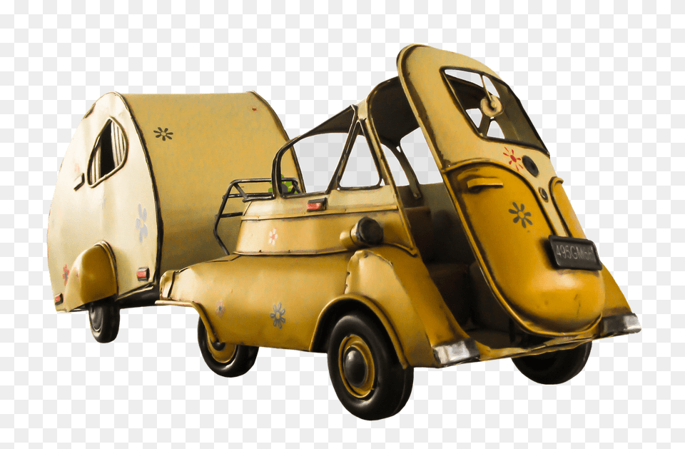 Vintage Small Car With Camper, Machine, Wheel, Transportation, Vehicle Png Image