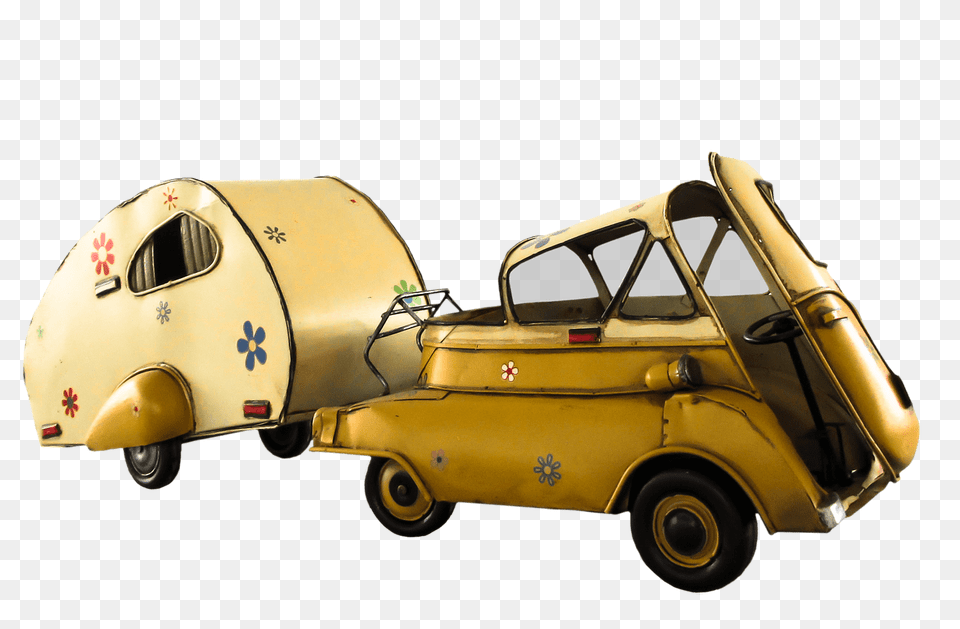 Vintage Small Car With Camper Side View, Wheel, Machine, Vehicle, Transportation Png Image