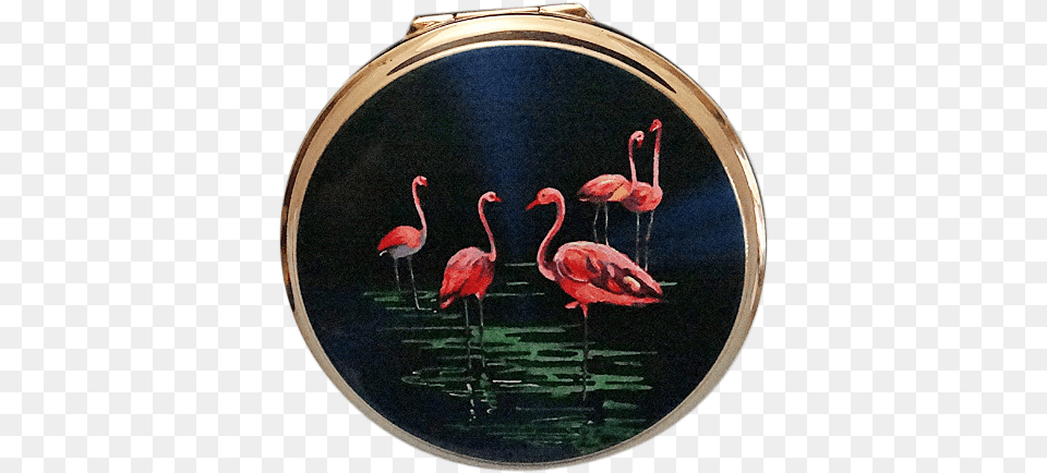 Vintage Stratton England Pink Flamingo Goldtone Compact Compact, Animal, Bird, Photography Png Image