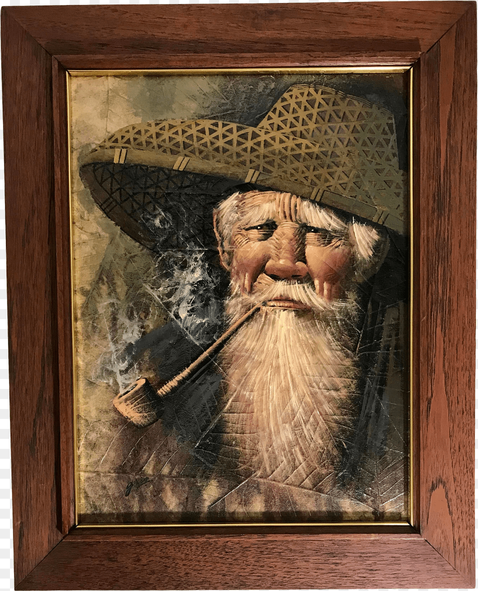 Vintage Thailand Oil Painting Of Man In Rice Paddy Hat Smoking A Pipe Free Transparent Png