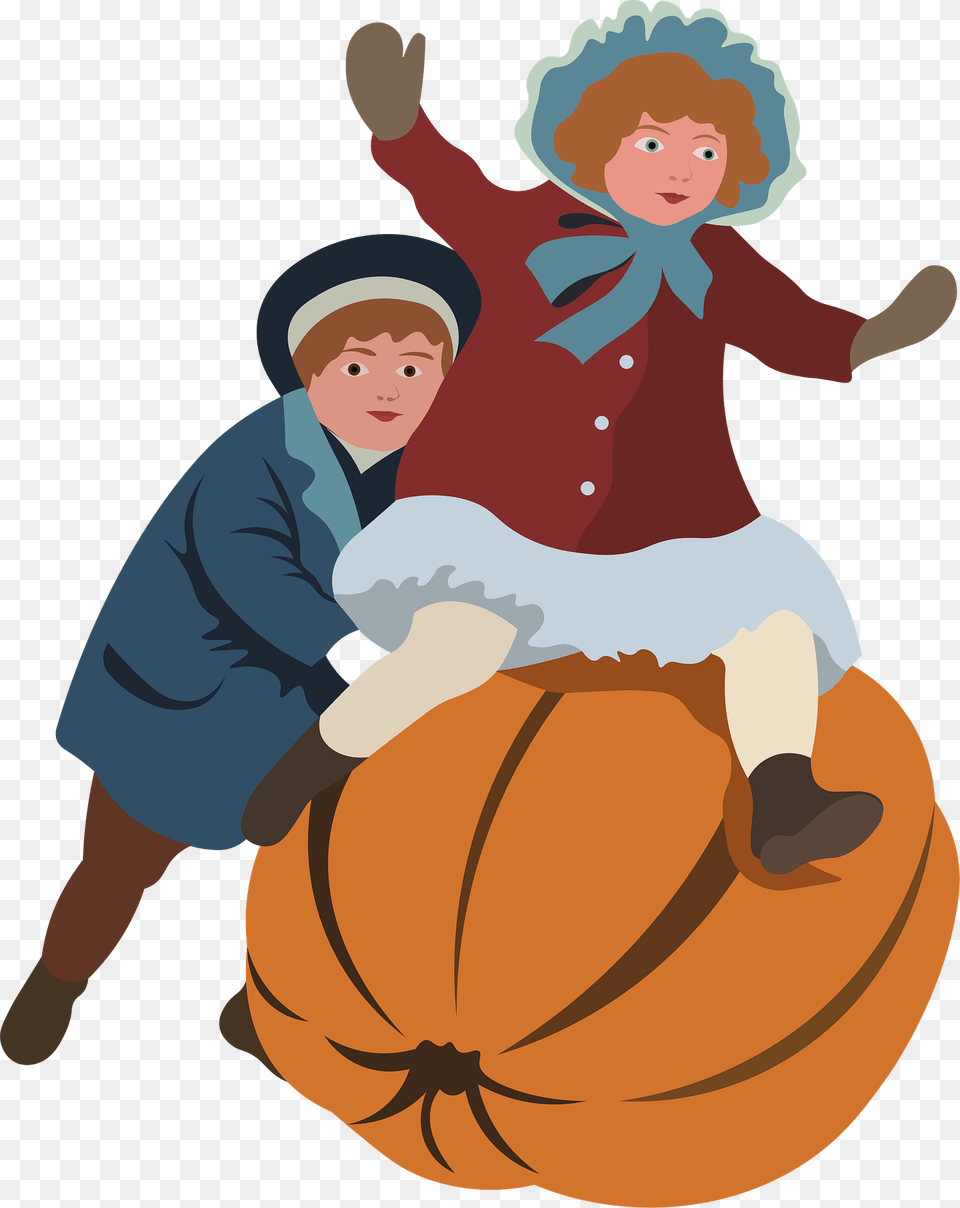 Vintage Thanksgiving Postcard Boy And Girl With A Pumpkin Clipart, Vegetable, Produce, Food, Plant Free Transparent Png