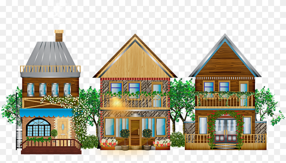 Vintage Town Wood Buildings Trees Balcony House, Architecture, Building, Cottage, Housing Free Png