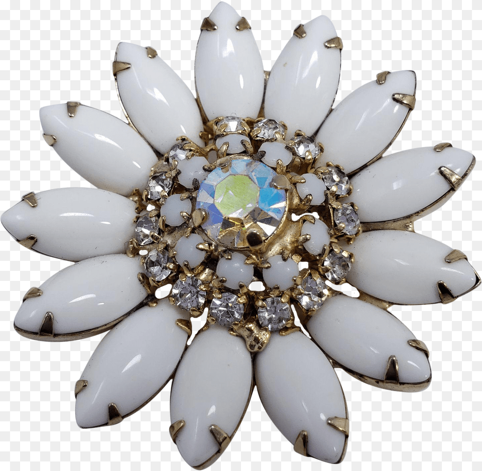 Vintage Unsigned White Milk Glass Rhinestone Flower Crystal, Accessories, Brooch, Jewelry, Necklace Png