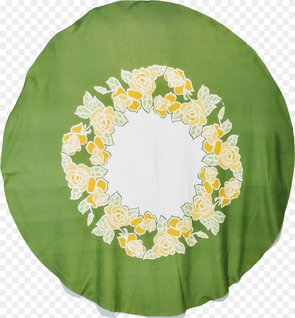 Vintage Vera Neumann Tablecloth Round Green Yellow Floral Sunflowers, Cushion, Home Decor, Pattern, Wedding Png