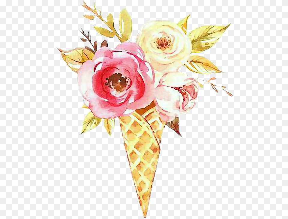 Vintage Watercolor Icecream Flowers Pastel Transparent Ice Cream Watercolor, Ice Cream, Food, Dessert, Flower Free Png Download