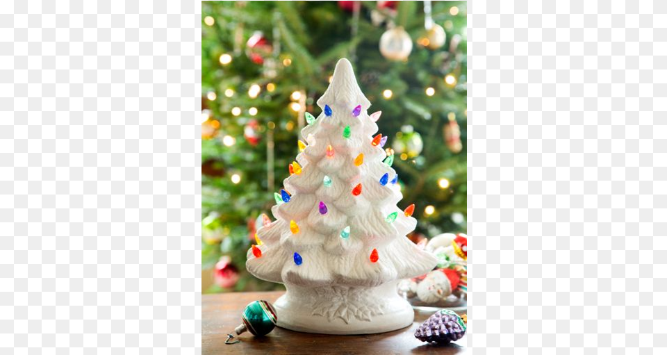 Vintage White Ceramic Christmas Tree With Illuminated Christmas Decorations, Cream, Dessert, Food, Icing Free Transparent Png
