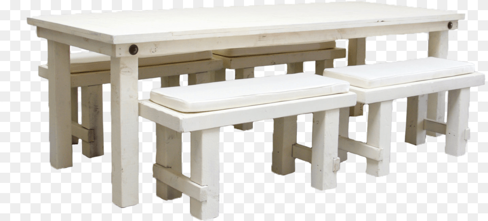 Vintage White Farm Table With 4 Short Benches 145 Picnic Table, Architecture, Building, Dining Room, Dining Table Free Png