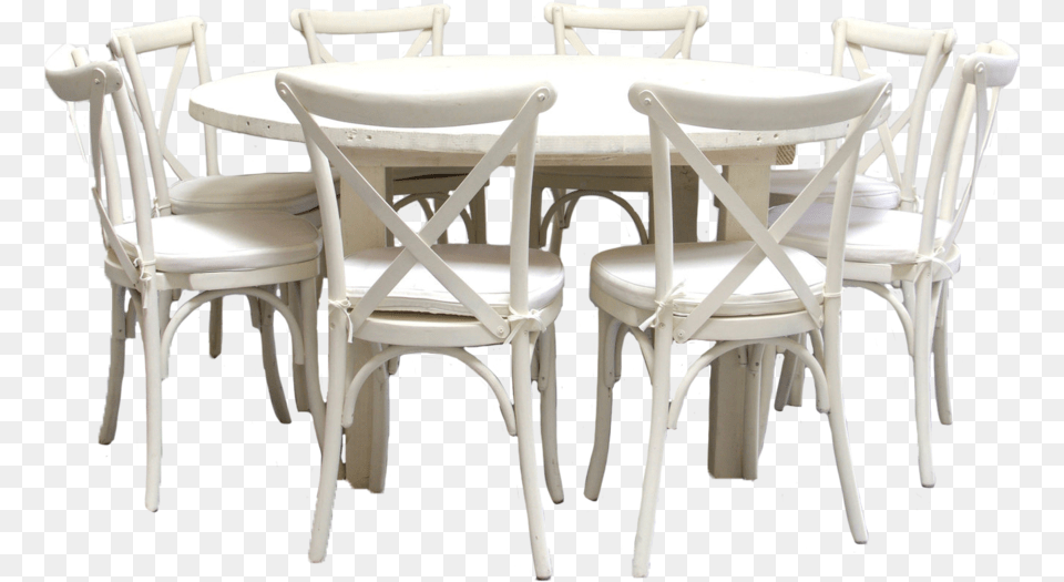 Vintage White Round Farm Table With 8 Cross Back Chairs Chair, Architecture, Building, Dining Room, Dining Table Free Png