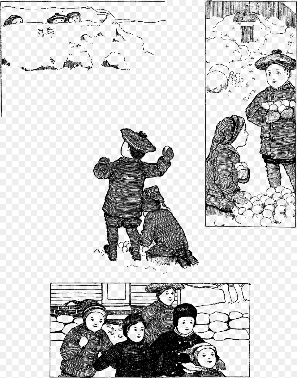 Vintage Winter Snow Snowball Fight Children Child Cartoon, Gray Free Png Download