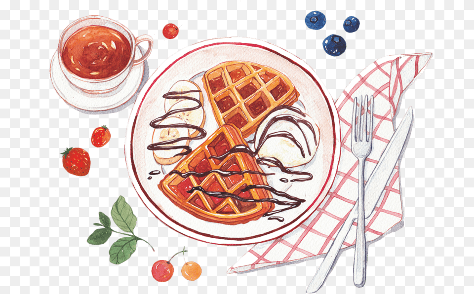 Waffle, Cutlery, Fork, Cup, Food Free Transparent Png
