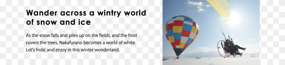 Wander Across A Wintry World Of Snow And Ice Nakafurano, Balloon, Person, Aircraft, Transportation Free Png