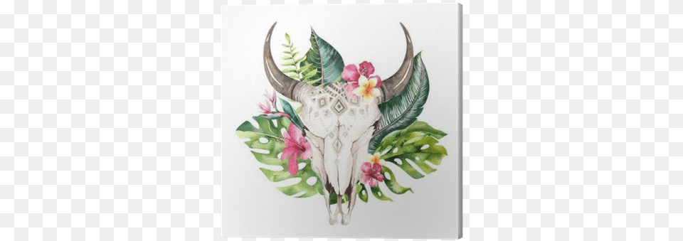 Watercolor Bohemian Cow Skull And Tropic Palm Leaves Boho Cow Skull And Flowers, Animal, Bull, Mammal, Cattle Free Png Download