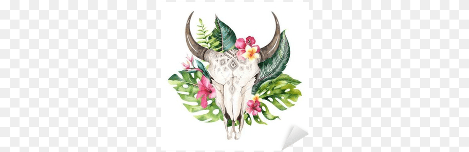 Watercolor Bohemian Cow Skull And Tropic Palm Leaves Watercolor Cow Skull Boho, Animal, Bull, Mammal, Leaf Free Png Download
