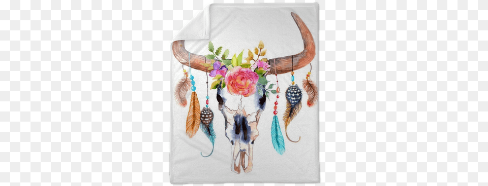 Watercolor Bull Skull With Flowers And Feathers Plush Boho Cow Skull, Accessories, Jewelry, Earring, Pattern Free Transparent Png