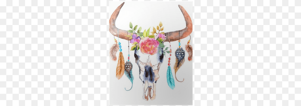 Watercolor Bull Skull With Flowers And Feathers Poster Boho Cow Skull, Accessories, Art, Earring, Jewelry Png Image