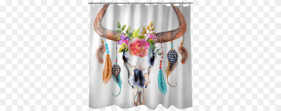 Watercolor Bull Skull With Flowers And Feathers Shower Boho Skull, Art, Handicraft, Pattern, Accessories Free Png Download