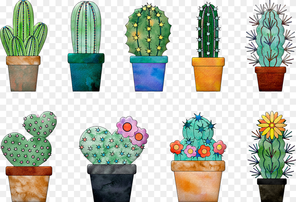 Watercolor Cactus In Pots, Plant Free Png Download
