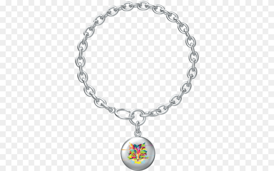 Watercolor Cat Lotus Coin With Aurora Bracelet In Silver White Chains, Accessories, Jewelry, Necklace, Locket Png Image
