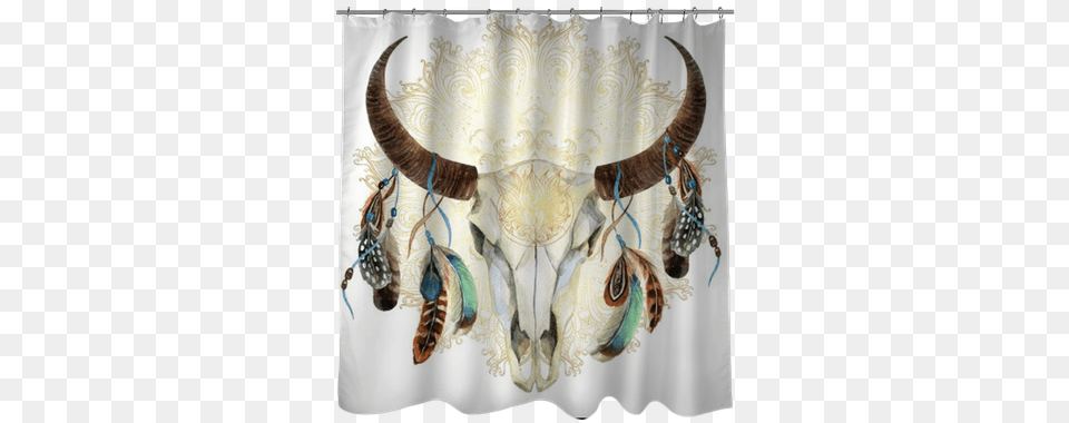 Watercolor Cow Skull With Feathers Shower Curtain U2022 Animal Tete De Buffle Fleurs, Cattle, Livestock, Mammal, Accessories Free Transparent Png