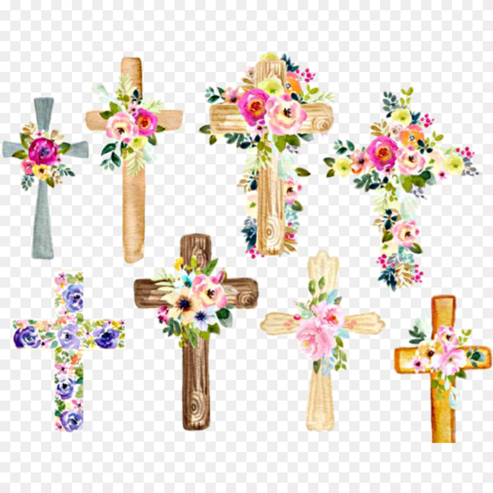 Watercolor Cross Crosses Flowers Floral Decorative Floral Crosses, Symbol Png