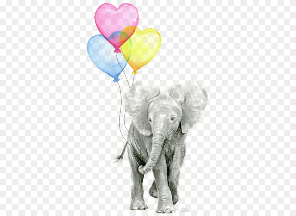Watercolor Elephant With Heart Shaped Balloons Fleece Elephant Watercolour, Balloon, Animal, Mammal, Wildlife Free Png Download