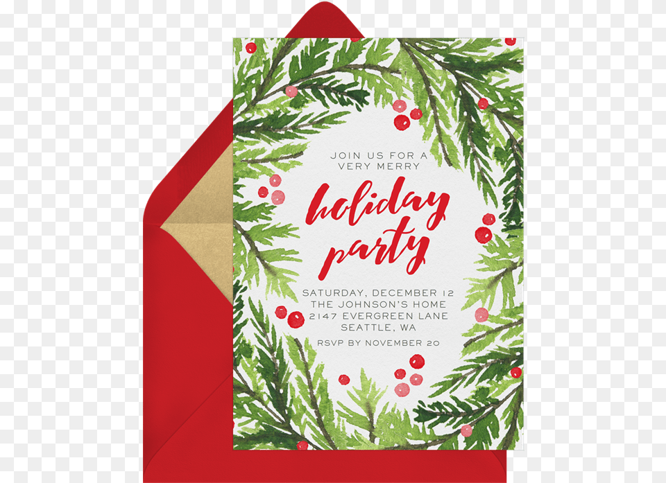 Watercolor Evergreen Sprigs Invitation In Red Christmas Ornament, Envelope, Greeting Card, Mail, Advertisement Free Png Download