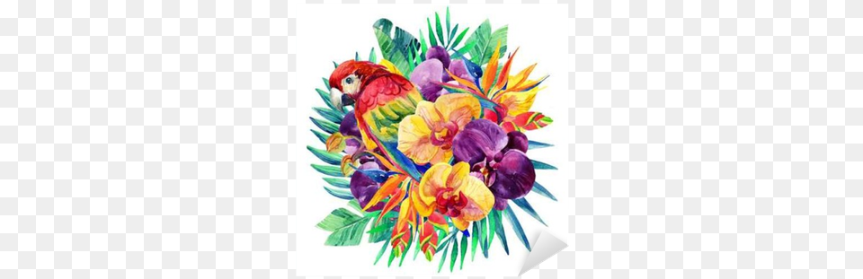 Watercolor Exotic Flowers And Ara Parrot Sticker Watercolor Jungle Flower, Art, Graphics, Floral Design, Pattern Png