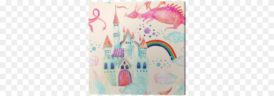 Watercolor Fairy Tale Seamless Pattern With Cute Dragon Cute Dragon And Castle, Art, Doodle, Drawing, Painting Png Image