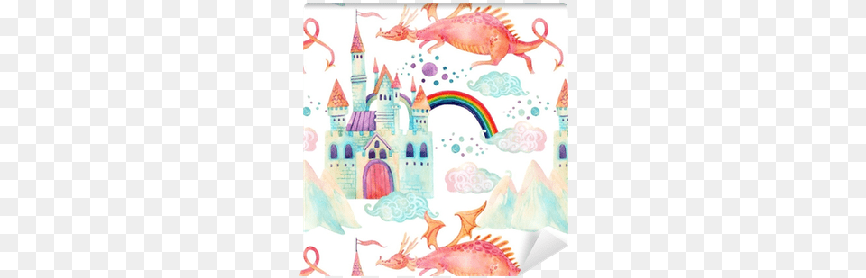 Watercolor Fairy Tale Seamless Pattern With Cute Dragon Cute Dragon And Castle, Art Free Png Download