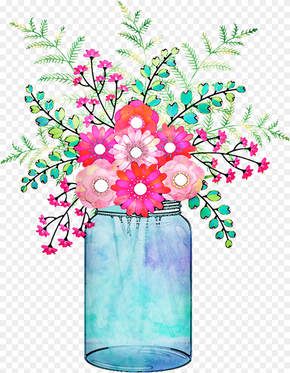 Watercolor Floral Vase Mason Jar Pink Flowers In A Small Jar Clipart, Art, Plant, Pattern, Graphics Free Png Download