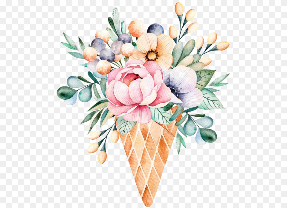 Watercolor Flower Bouquet Waffle Cone, Cream, Dessert, Flower Arrangement, Flower Bouquet Free Png