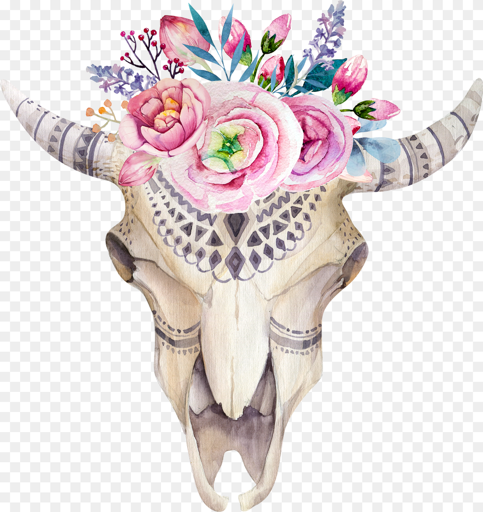 Watercolor Flower Skull Boho Clipart Of Cow Skull With Flowers, Mailbox Free Transparent Png
