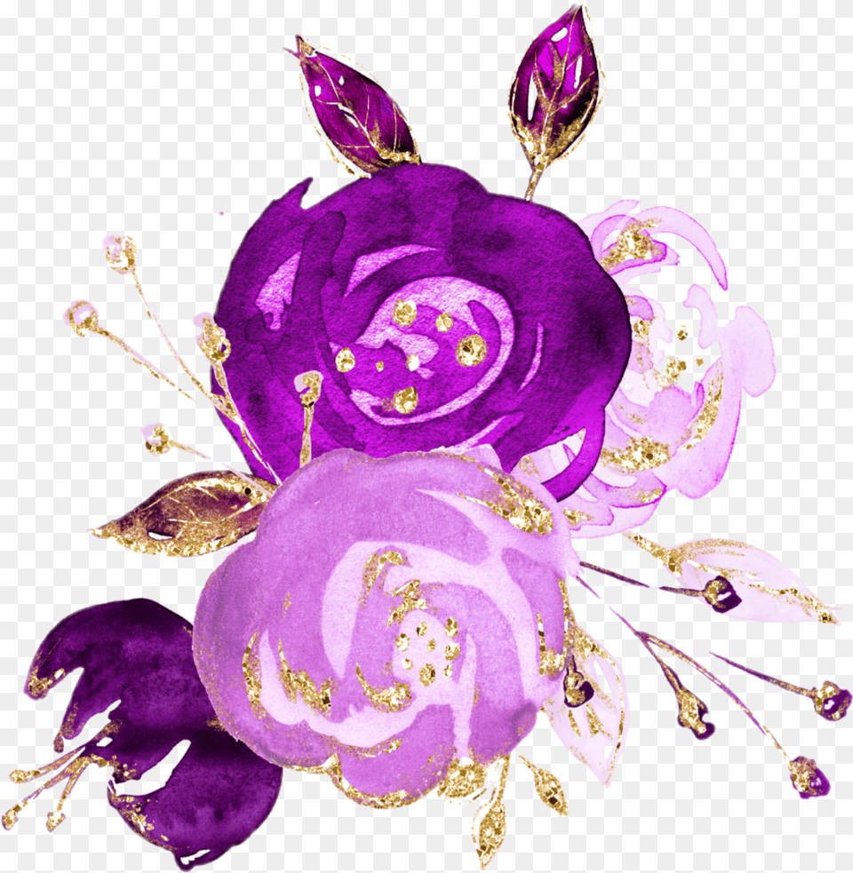 Watercolor Flowers Bouquet Bunch Purple Plum Gold Gold Purple Flowers Transparent Png Image