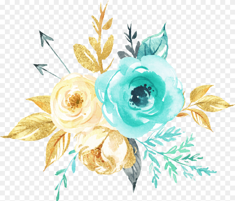 Watercolor Flowers Bouquet Mint Teal Gold Silver, Art, Floral Design, Graphics, Pattern Free Png