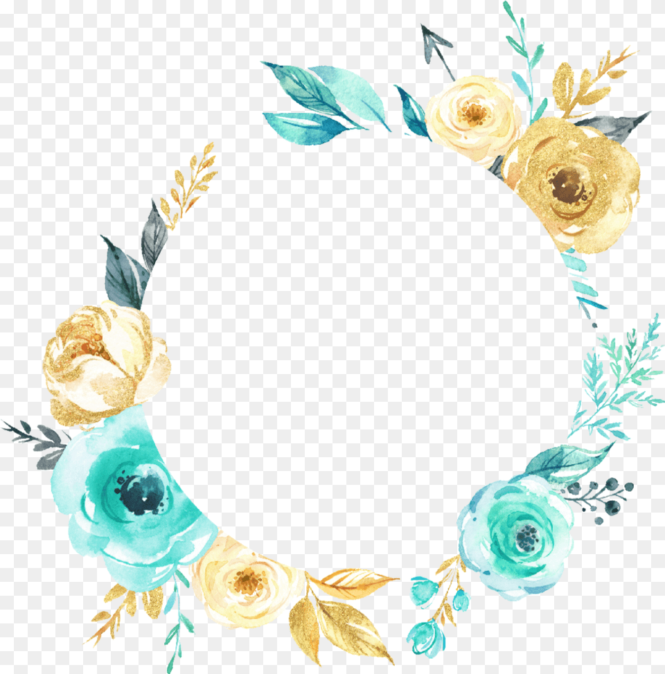 Watercolor Flowers Frame Mint Teal Gold Silver Gold Mint Frame, Flower, Plant, Rose, Accessories Free Transparent Png