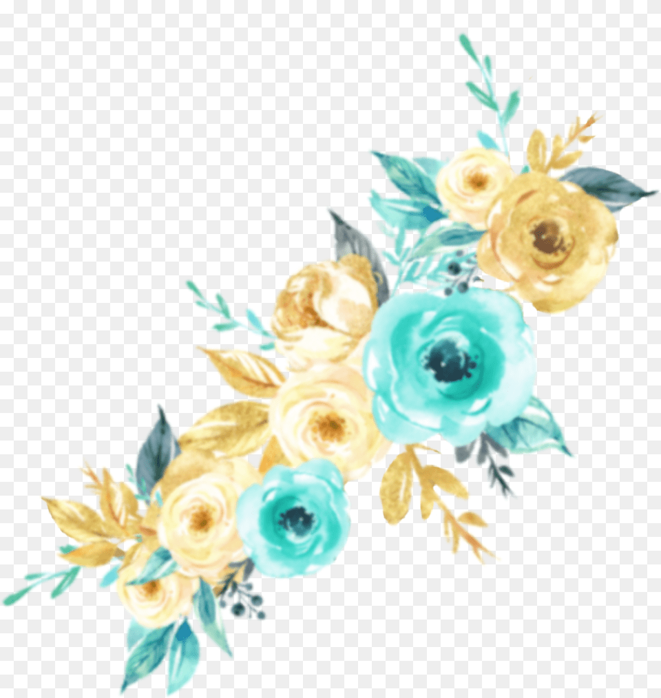 Watercolor Flowers Mint Teal Turquoise Aqua Gold, Accessories, Art, Floral Design, Pattern Free Png Download