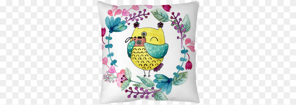 Watercolor Funny Illustration With Owl And Flowers Watercolor Painting, Cushion, Home Decor, Pillow, Birthday Cake Free Transparent Png