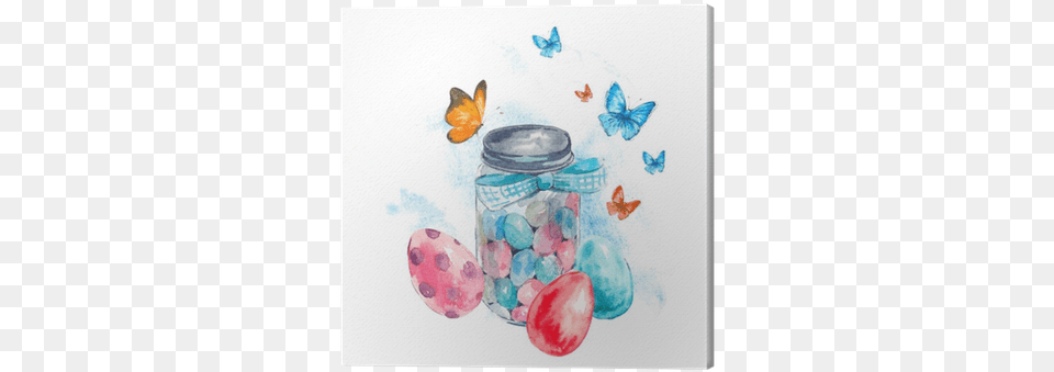 Watercolor Glass Jar With Candy Butterfly And Eggs Watercolor Painting, Art Png