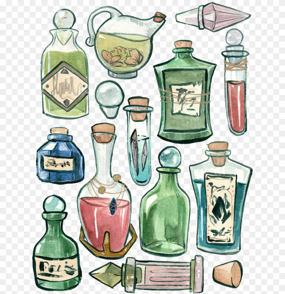 Watercolor Glass Potion Bottles Art Print By Caitlin Gadd Potion Bottles Watercolor, Bottle, Absinthe, Alcohol, Beverage Png